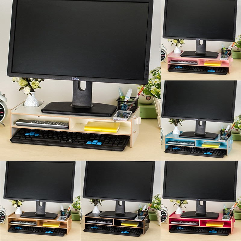 Assembled Computer Monitor Rack 3 Layers Wood Office Table Organizer for Pen/Keyboard/Stationery Laptop Tray 48*20*11.5cm