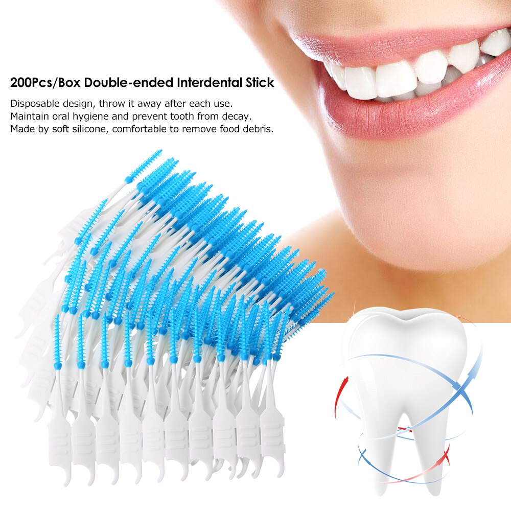 200Pcs/Box Floss Brush Teeth Stick Toothpick Soft Silicone Double-ended Tooth Picks Oral Care