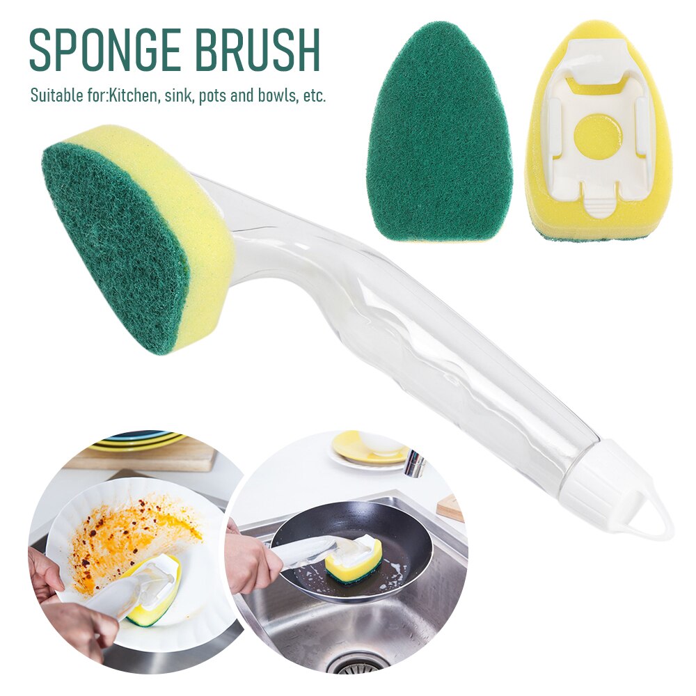 Replaceable Cleaning Brush With Refill Liquid Handle Scouring Pad Sponge Brush Dispenser Dish Scrubber Home Washing Tool
