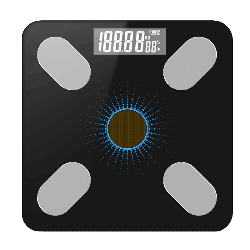 Bluetooth-skalaer gulv kropsvægt badeværelse vægt smart baggrundsbelyst display sol elektronisk vægt kropsfedt skala muskelmasse bmi: Blå
