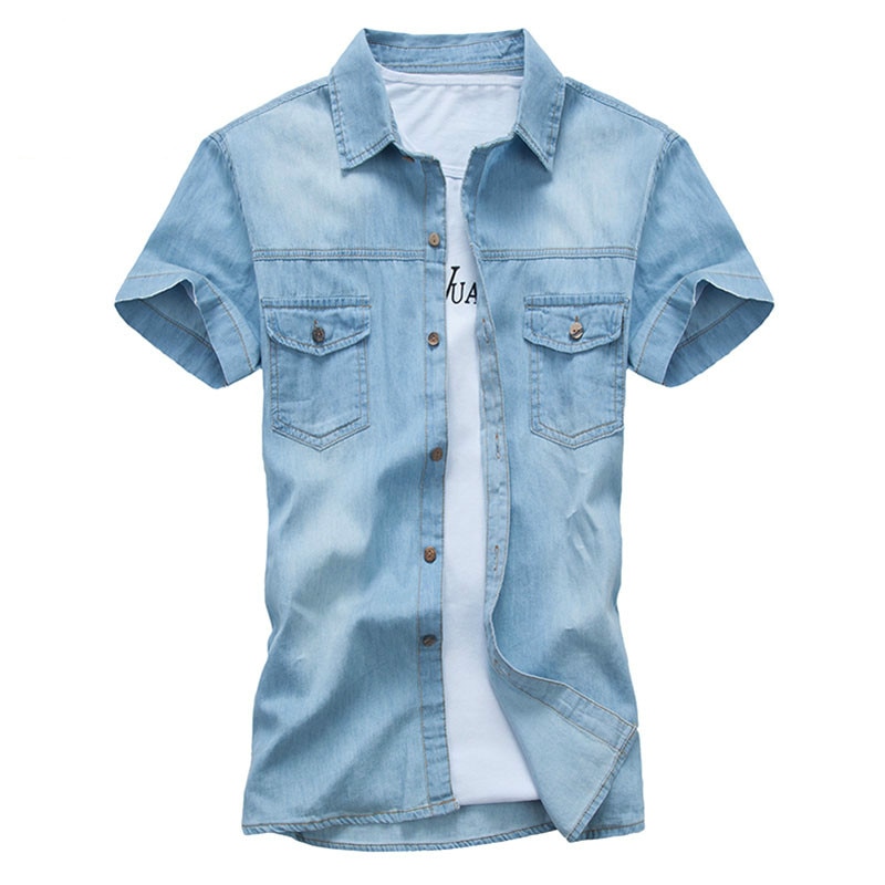 Sommar herr jeansskjorta i bomull stor storlek 5xl lapel tunn kortärmad skjorta män casual slim fit jeansskjorta manliga cowboykläder