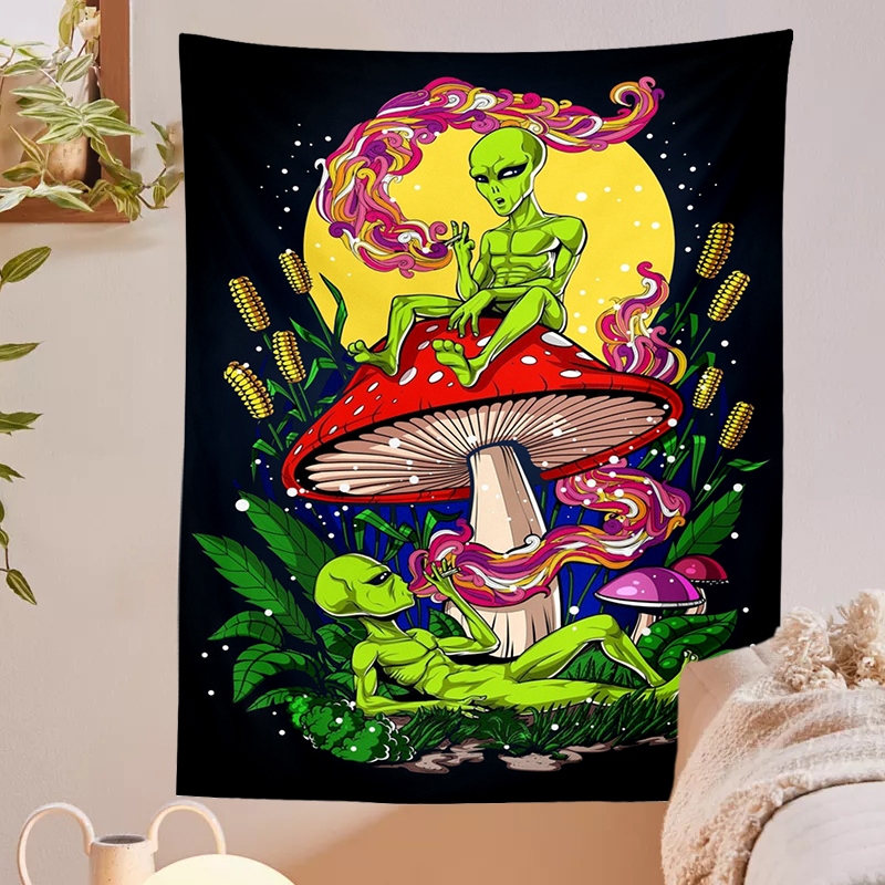 Alien Tapestry Cartoon Illustratie Hippie Art Paddestoel Eye Muur Opknoping Zwart Wandtapijten Voor Woonkamer Thuis Dorm Decor Doek