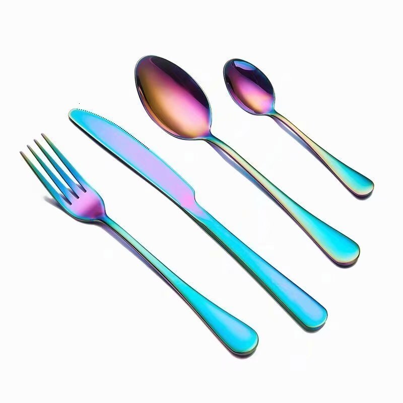 Spklifey guld bestik 24 stk spisestel guld bestik sæt guld ske gafler knive skeer rustfrit stål bestik spisestel: Regnbue 6 sæt
