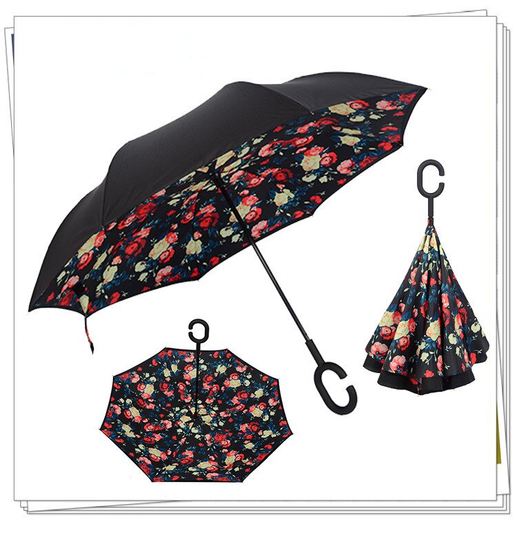 Windproof Reverse Folding Double Layer Inverted Umbrella Self Stand umbrella rain/sun women/men flowe durable: suihua