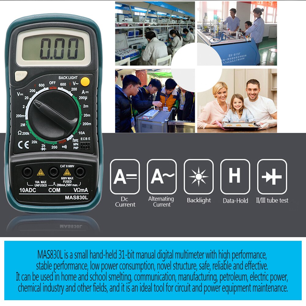 Handheld LCD Digital Multimeter 1999 XL830L AC/DC Voltage Amp Current Resistance Tester Blue Backlight Meter