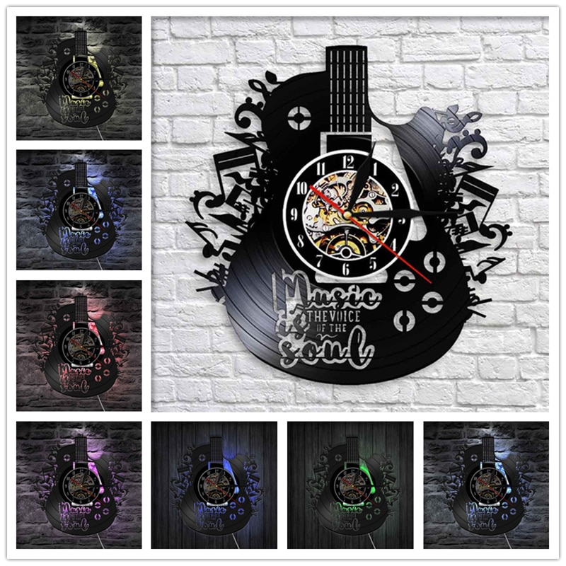 Led med lysende lampe vægur guitar form vinylplade hængende ure cd interiør dekoration soveværelse bar dæmpet atmosfære