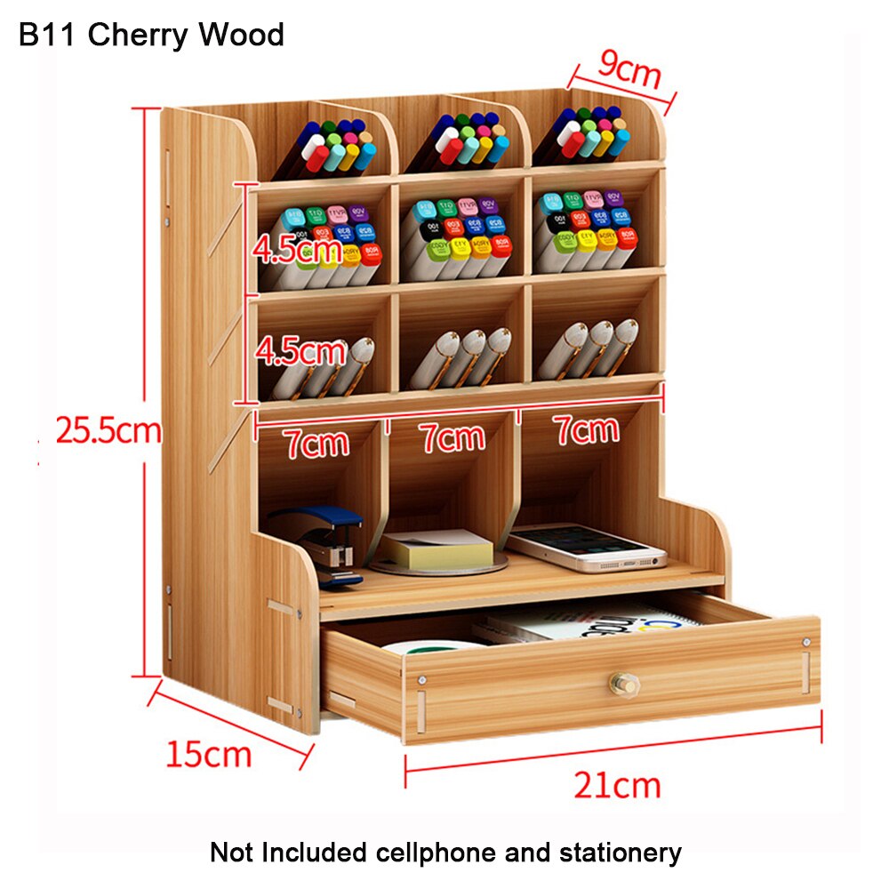 Multi-Functional DIY Wooden Desk Organizer Office School Pen Pencil Holder Container Stationary Desktop Storage Box with Drawer: B11 cherry wood