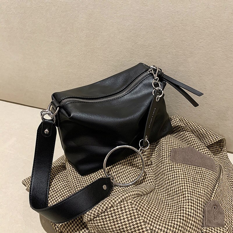 Jahrgang PU Leder Schulter Tasche für Frauen 2022 Breiten Gürtel damen Handtaschen kette Frauen Trend hobos Bote Tasche: Schwarz