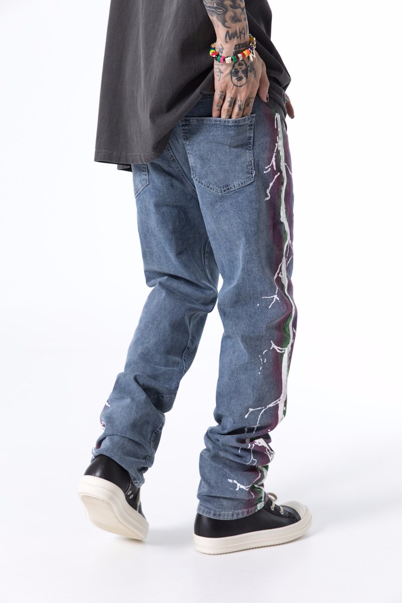 Pantalones vaqueros con estampado lateral para hombre, Jeans con cremallera recta, pantalones de motorista, Hip-Hop, Harajuku, de venta al por menor
