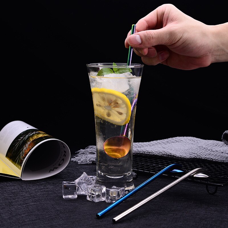 Eco Friendly 304 Stainless Steel Reusable Straws Spoon Beer Drinking Straws Coffee Straws Spoon 190mm