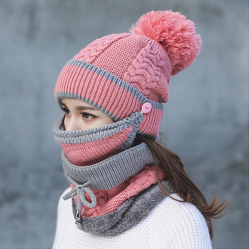 Høst vinter caps dame strikke lue varmt skjerf vindtett multi funksjonell termisk hatt skjerf sett til kvinner hikking caps: Rosa