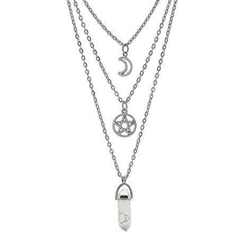 Natural Stone Hexagonal Column Supernatural Pentagram Necklace Wicca Choker Multi Layered Necklace Gothic Jewelry Women