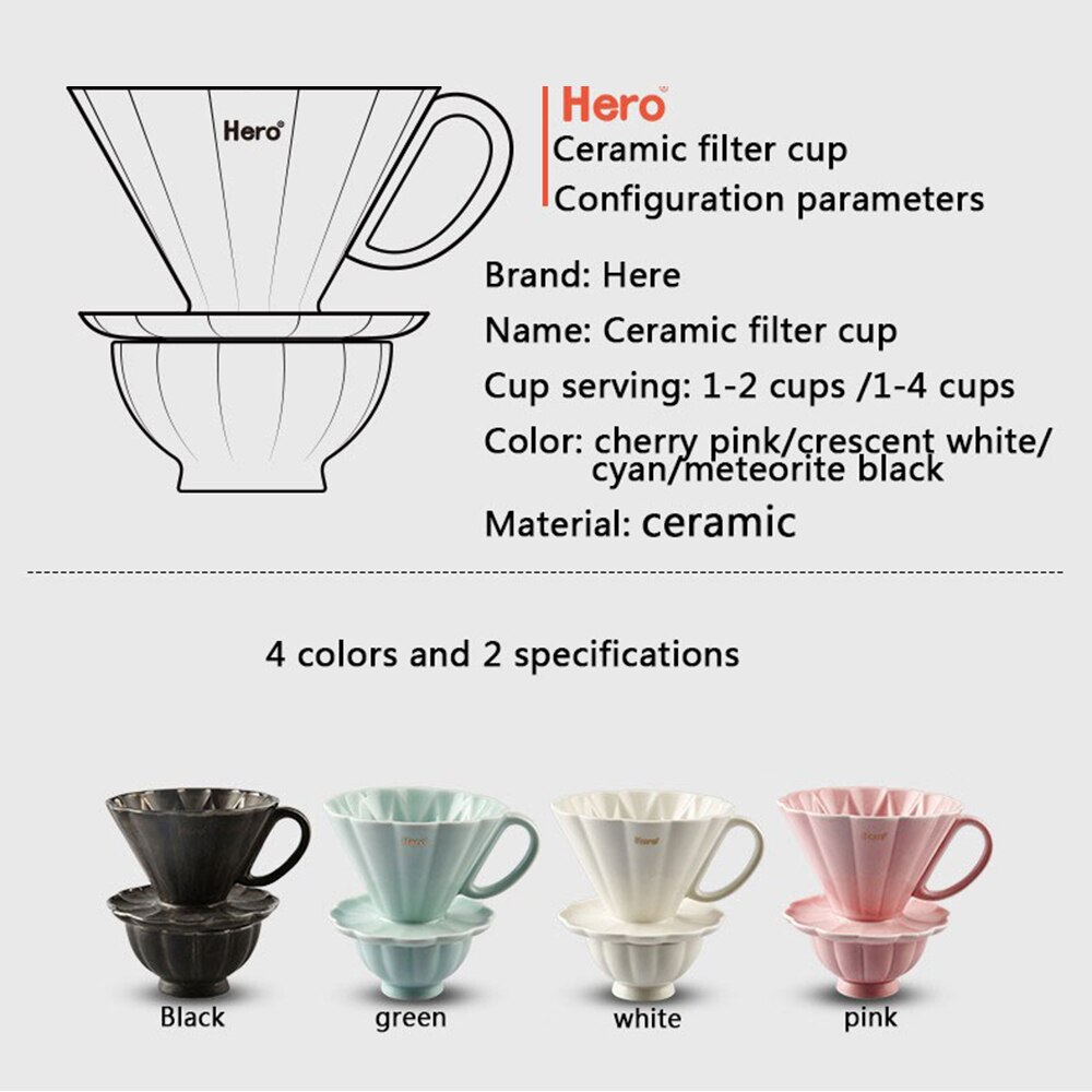 Taza de café con filtro de cerámica, motor de goteo de café de cerámica, 2 tamaños, V60, con soporte separado para 1-4 tazas