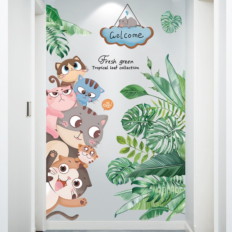 Cartoon Katten Muurstickers Vinyl Diy Dieren Mural Decals Voor Kinderen Kamers Baby Slaapkamer Kinderen Nursery Deur Woondecoratie: cats and leaves