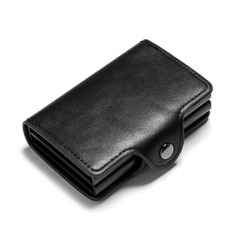 Rfid Blocking Bescherming Leather Wallet Id Credit Card Houder Met 2 Metalen Aluminium Business Bank Card Case Voor 14 Kaarten: Black