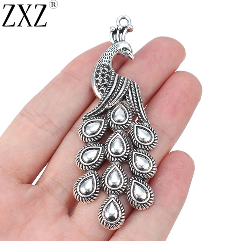 Zxz 5 pçs tibetano prata grande pavão encantos pingentes para joias fazendo descobertas 84x30mm