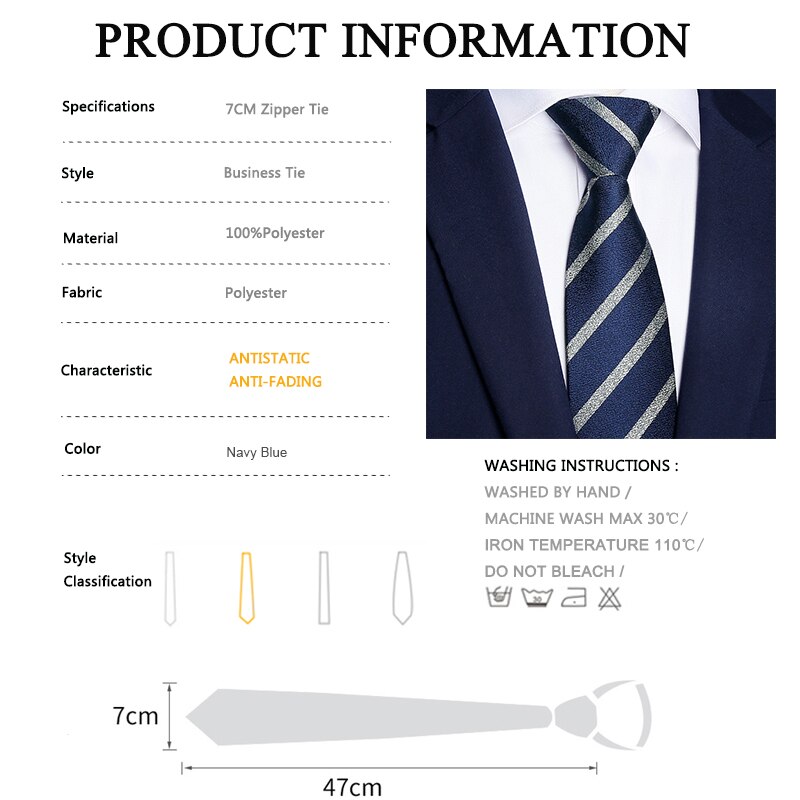 Brand Top Zipper Tie For Men Gentleman Business Work Blue 7CM Striped Necktie Polyester Silk Box