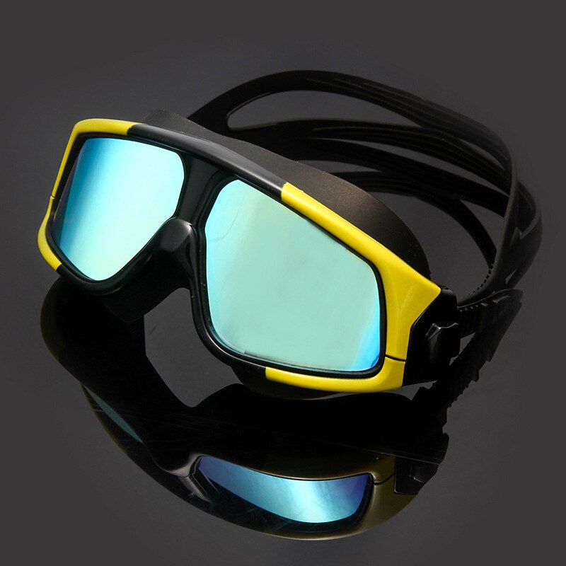 Svømmebriller behagelig silikone stor ramme justerbare svømmebriller anti-tåge uv mænd kvinder vandtæt svømmebriller: Gul sort