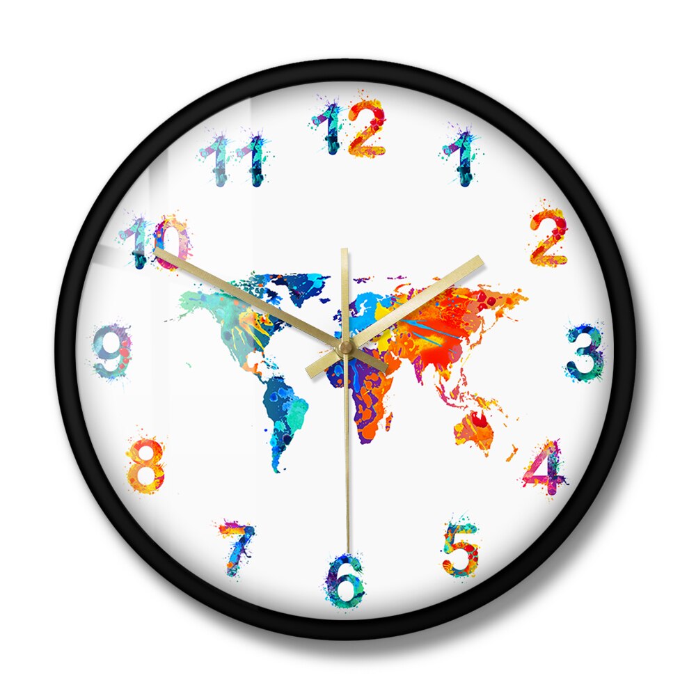Quaddel Karte Aquarell Dekorative Stille Wanduhr Flache Erde Minimalistischen drucken Digital Kunst Hängen Zauberstab Uhr für Traveler: Metall Rahmen