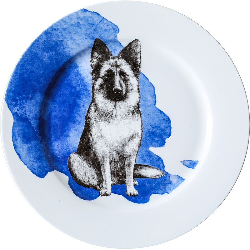 10inch Porcelain Dog Plate Bone China Dinner Dishes Cute Serving Plate Collectible Art Pupply Lover Ceramic Animal Platter: Blue