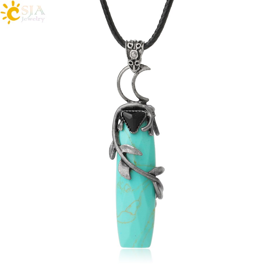 CSJA Antique Silver Color Pendant Necklaces Natural Crystal Stones Leaves Winding Faceted Rectangle Long Pendants Women Men G587: Turquoise Rope