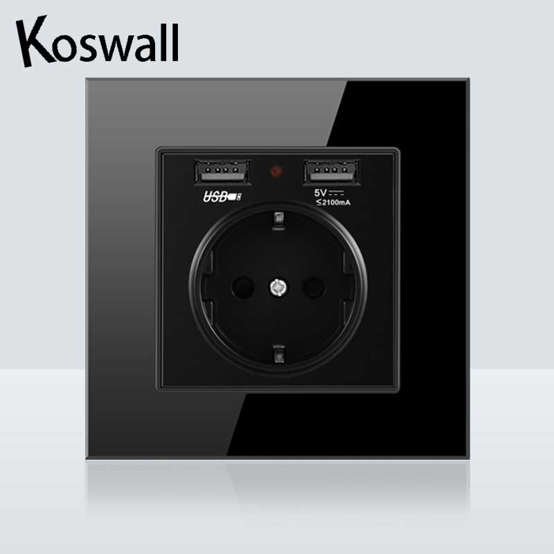 Dual USB Charging Port 16A Wall EU Russia Socket Power Outlet Glass Panel PC Panel Black Color: Glass panel socket
