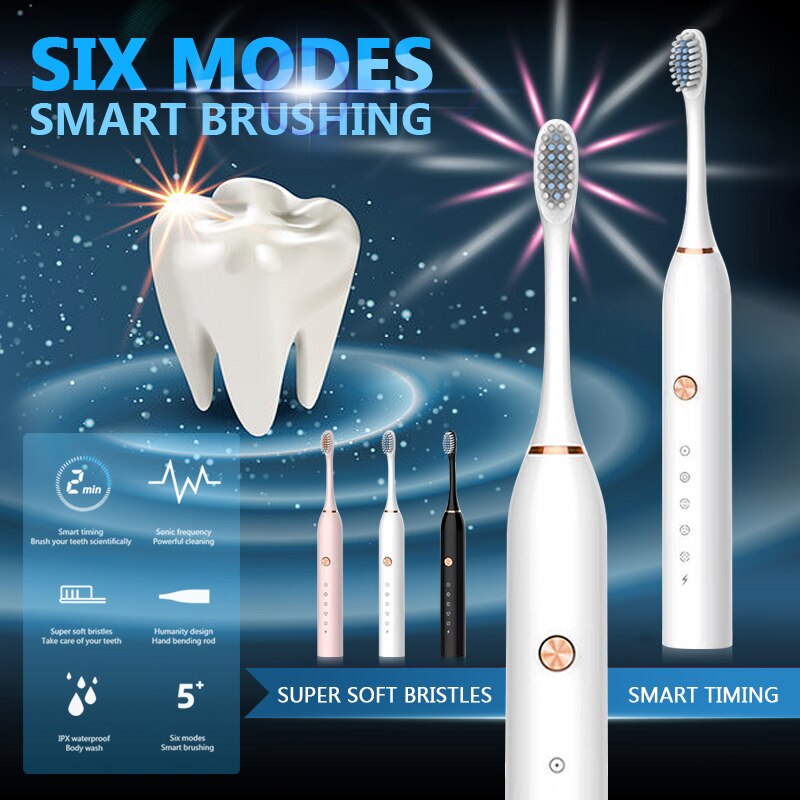 Battery Powered Sonic Electric Toothbrush With 2*Replacement Brushheads Soft Bristle 5 Modes IP65 Waterproof Adult Household