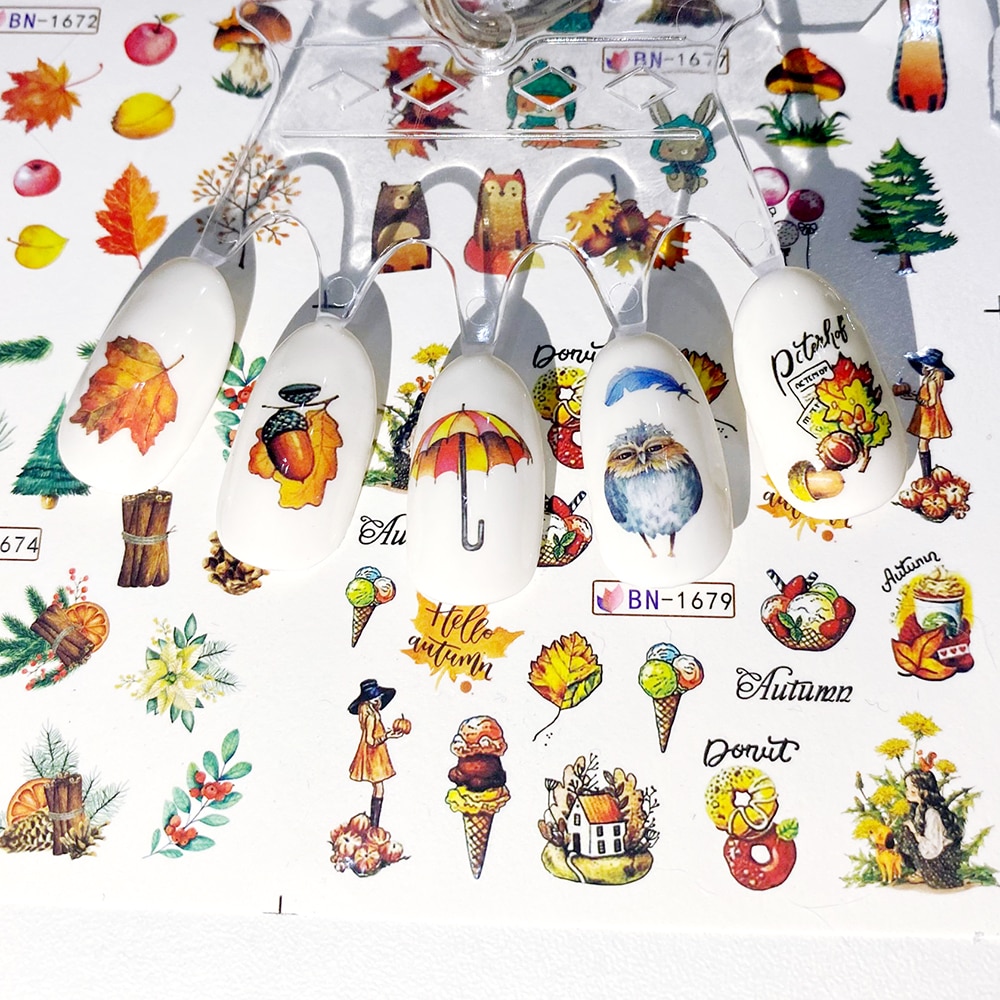 12 Designs Fall Maple Leaves Nail Art Stickers Water Decals Sliders Foil Autumn For Nail Manicure BN1669-1680