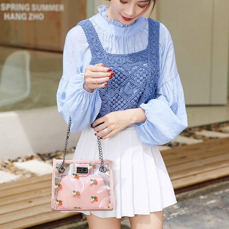 2 stuks/set transparante pvc schoudertassen dames schattige aardbeienprint clutch tas reis crossbody tas samengestelde set