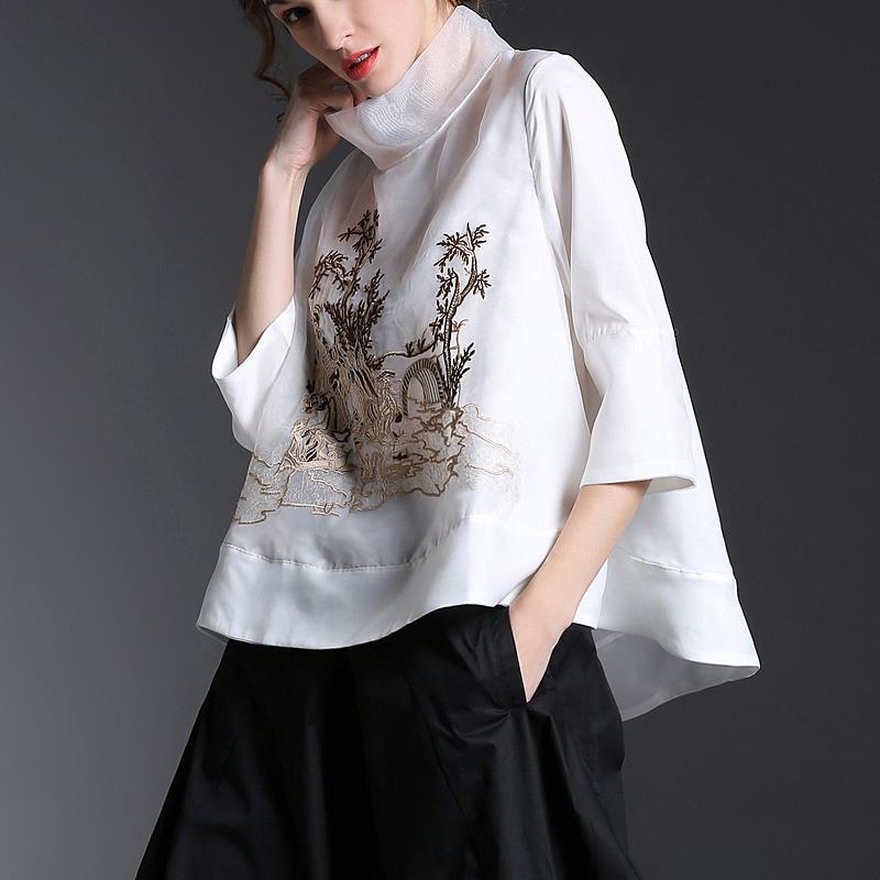 Chinese Runway Shirt Chic Embroidered Loose Gauze Shirt Women&#39;s Stand Collar Retro Shirt Tops