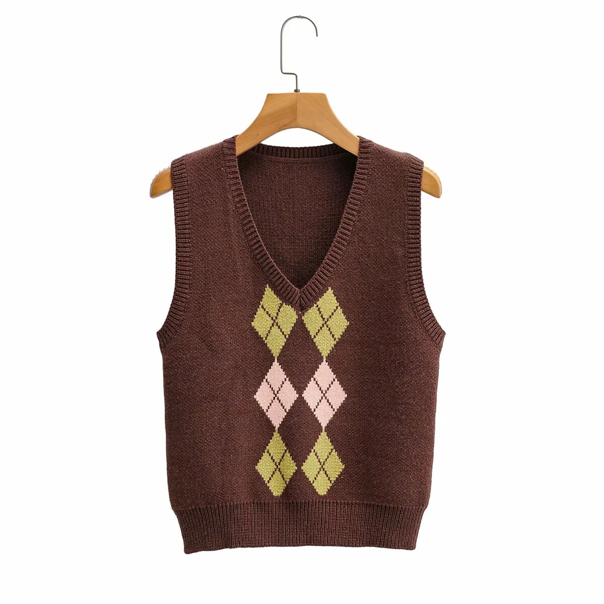 Preppy stil geometrisk plaid strikket vest sweater kvinder efterår vinter v-hals ærmeløs pullover dame sweater toppe: C