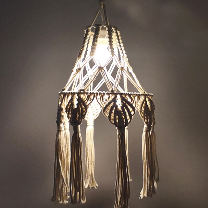 Hand-knitted Woven Lamp Shade Ceiling Light Cover Macrame Tassel for Living Room