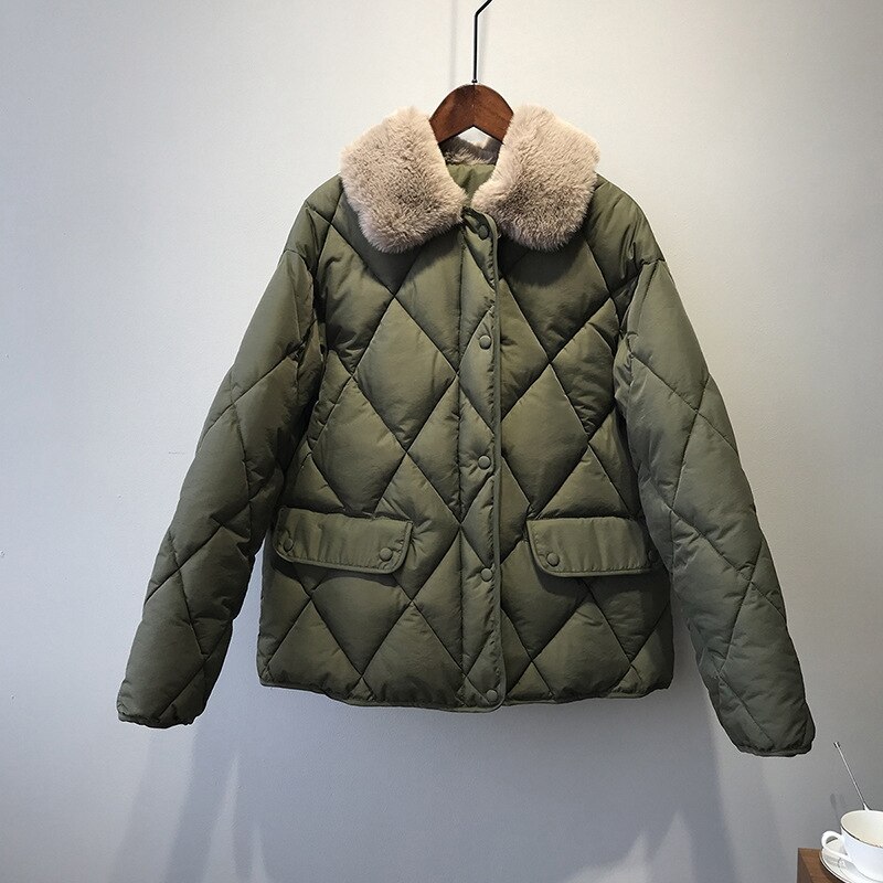 Tangada kvinnor solid lös pälskrage parkas tjock midja justera vinter långärmad dragkedja fickor kvinnlig överrock asf 74: 077-  armégrön / M