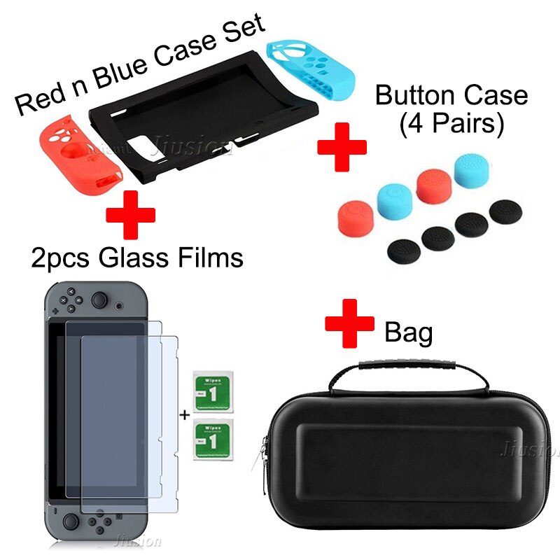 8 in 1 Hard Shell Bag Kit For Nnintend Switch Case Portable Protective Storage Bag Cover For Nintendo Nintendoswitch Accessories: 8 Kit-Red n Blue