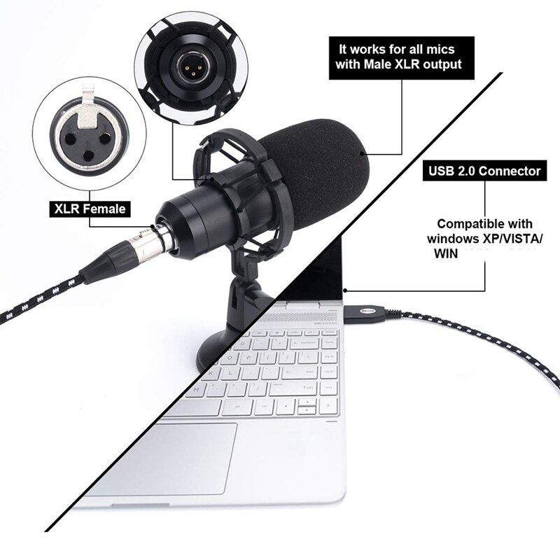 Usb-mikrofonkabel, xlr-auf-usb-adapterkabel, mikrofonkabel (xlr-buchse) auf computer-pc-usb-schnittstellenadapter , 10ft