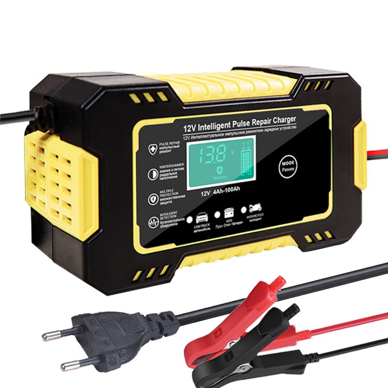 Motorcycle Car Battery Charger 12V 6A Intelligent Automatic Fast Power Charging Wet Dry Lead Acid LCD Display: Yellow EU Plug