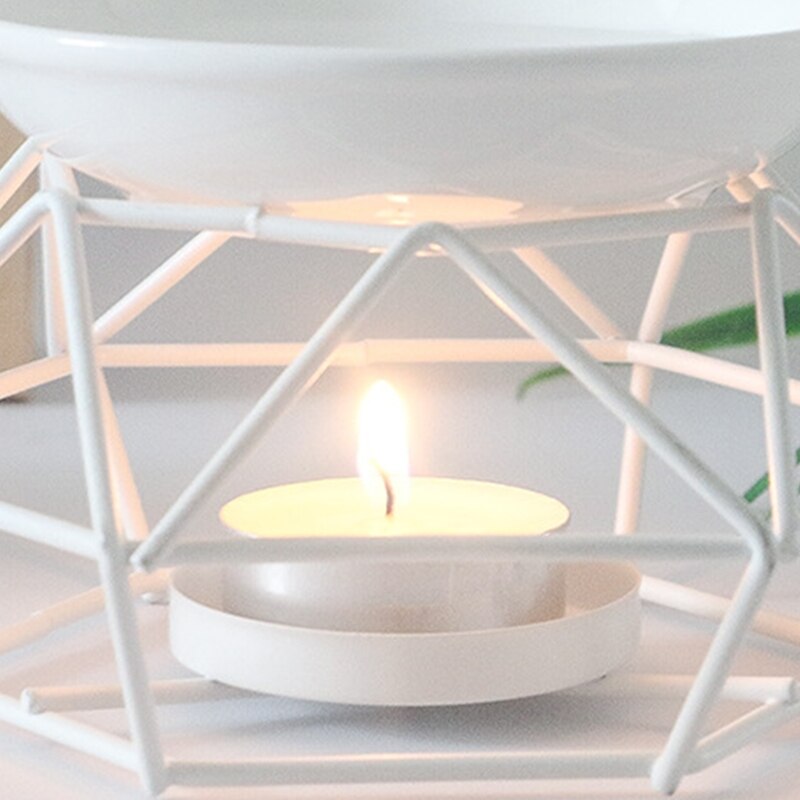 Metal Aromatic Oil Burner Geometric Frame Ceramic Essential Oil Tealight Candle Holder Wax Melt Warmer Melter Aroma Lamp 85DA