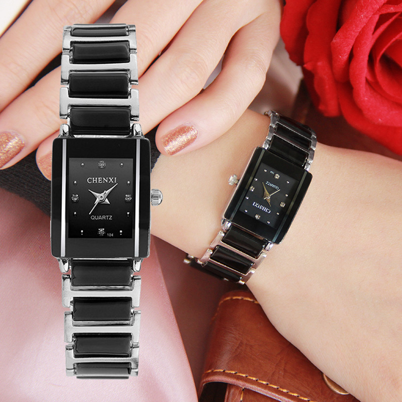 Chenxi Dame Horloge Elegante Zwarte Keramiek Eenvoudige Minimalisme Kleine Smalle Quartz Casual Horloge Vrouw Rhinestone Horloge