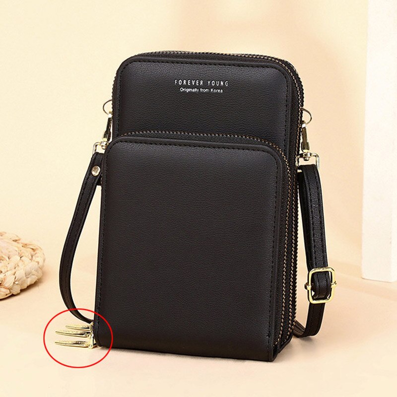 HEIßER 3 Schichten Große Kapazität Telefon Tasche Schulter Tasche Für Frauen Pu Leder Weibliche Kleine Umhängetaschen Damen Messenger Geldbörse: Black Alloy Zipper