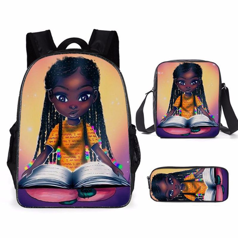 Afrikanische Mädchen 3 teile/satz Rucksack 3D Druck Schule Schüler Bookbag Reise Laptop Daypack Schulter Tasche Bleistift fallen: 8-A