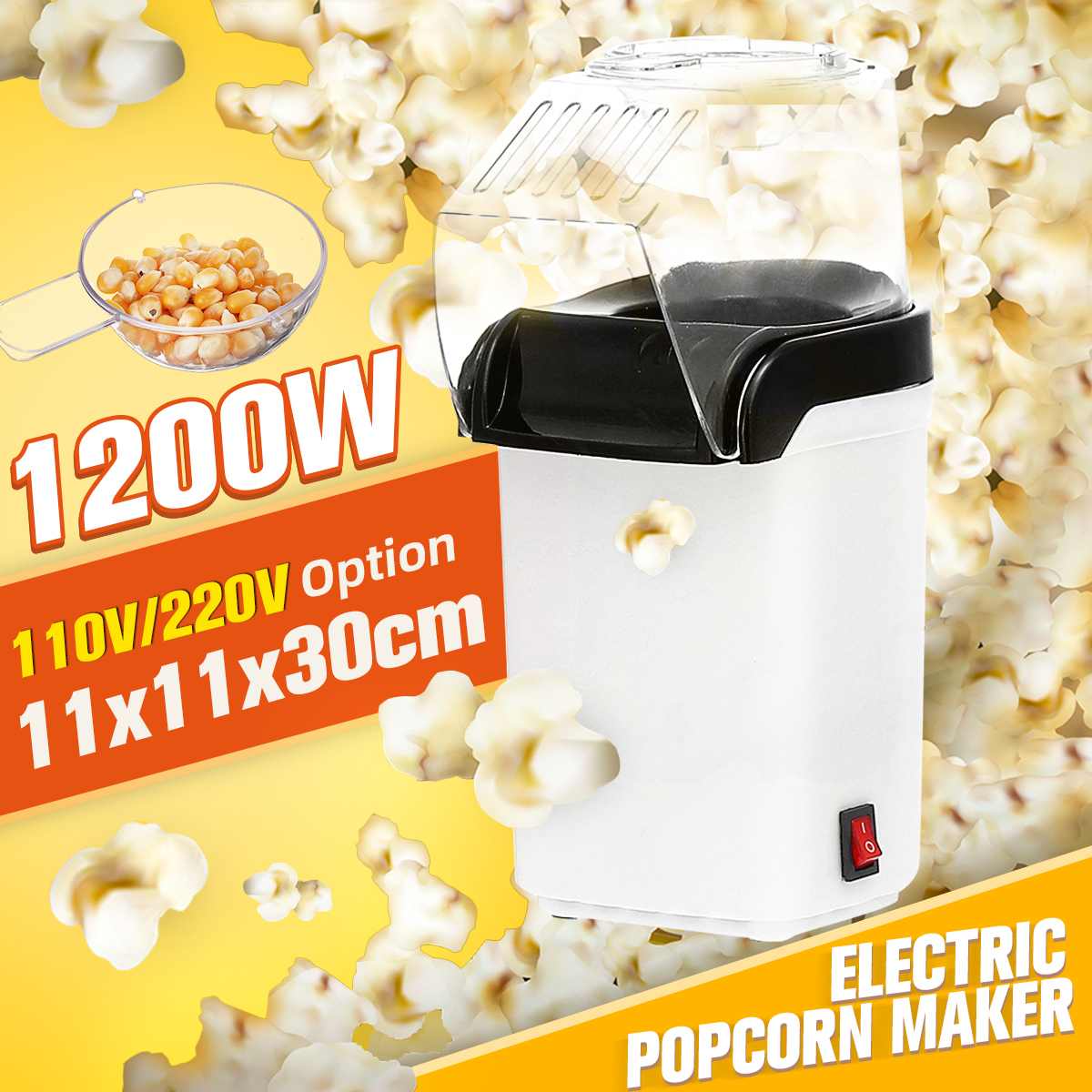 Mini Electric Popcorn Maker 1200W Home Air Tabletop Party Snack Oil-Free Household Corn Popper Kitchen Popcorn Machine