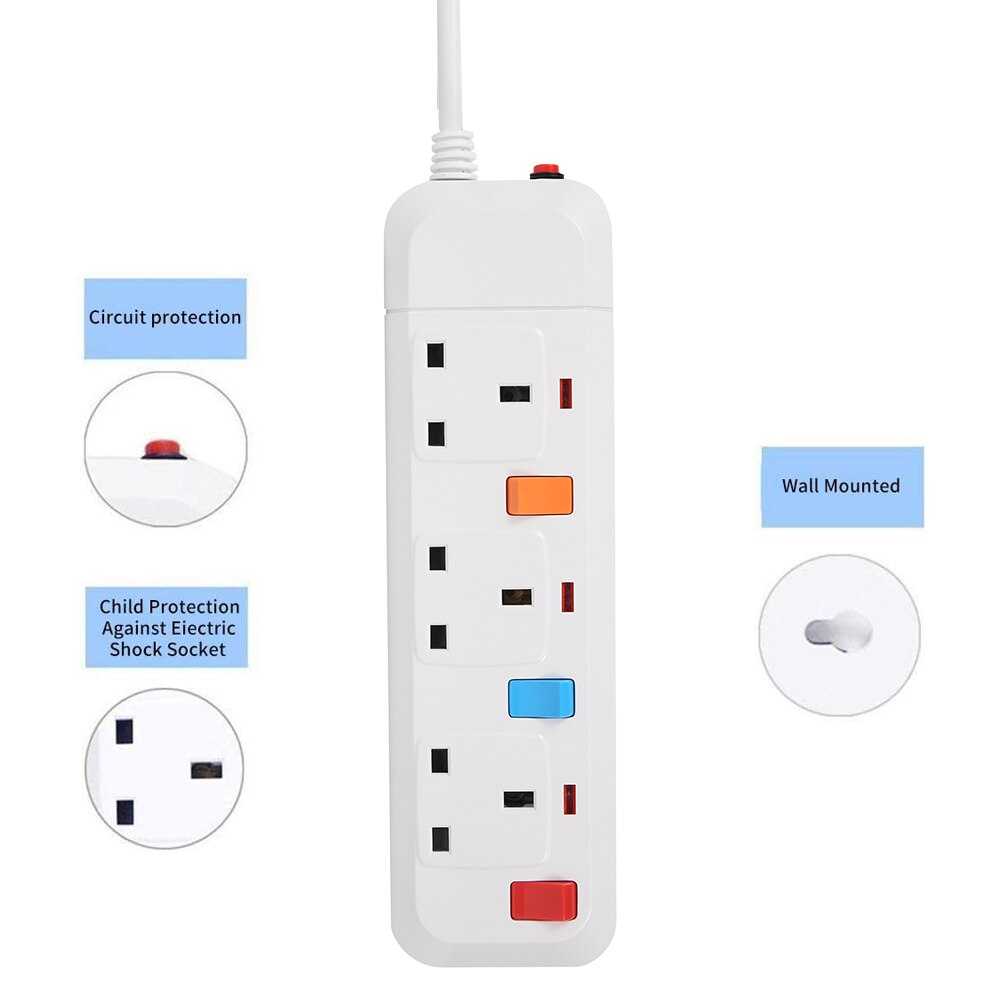 Power Strip Surge Protector 3 AC Universal Outlets UK Plug Sockets Individual Switch with 5m Extention Cord
