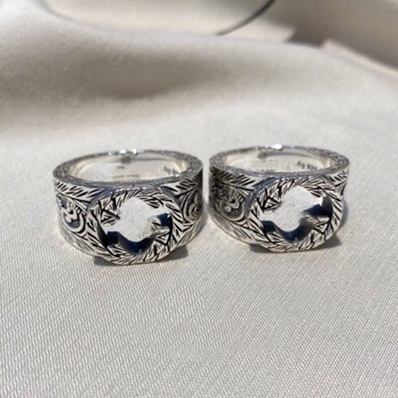 Glamour Original Logo Couple Rings,S925 Pure Silver 1:1 GC Retro Wide Pattern Carved G Ring Classic Laides Men Jewelry