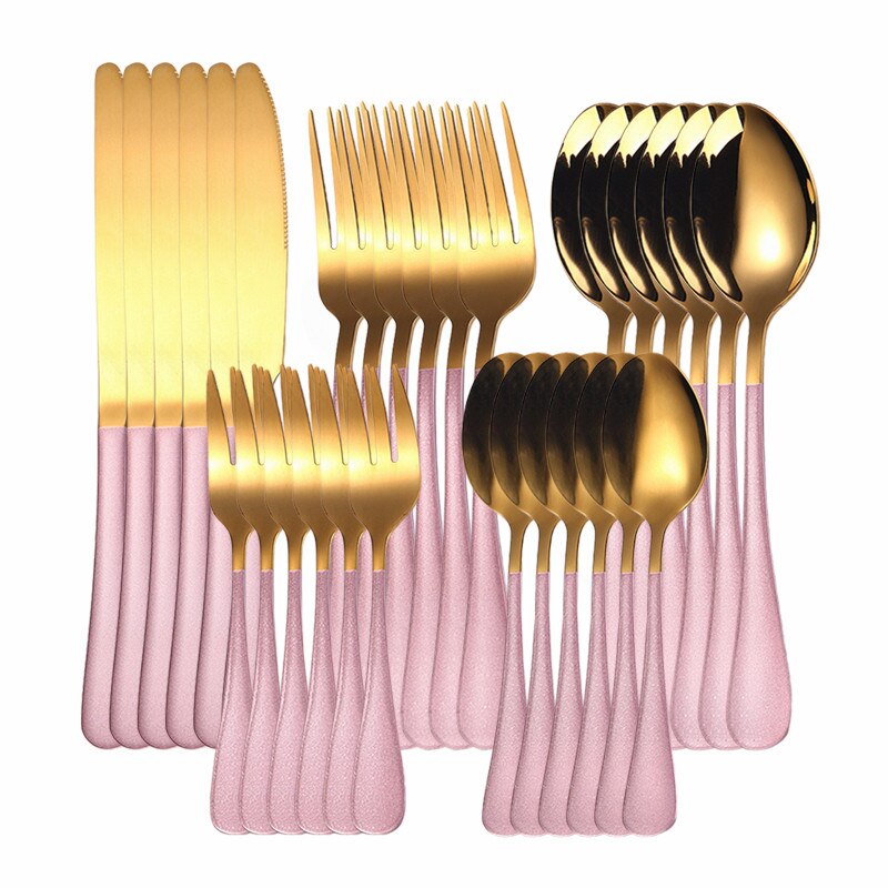 Gold Cutlery Set Stainless Steel Cutlery Set Golden 30Pcs Full Tableware Fork Spoon Knife Western Dinnerware Set Complete: pink gold