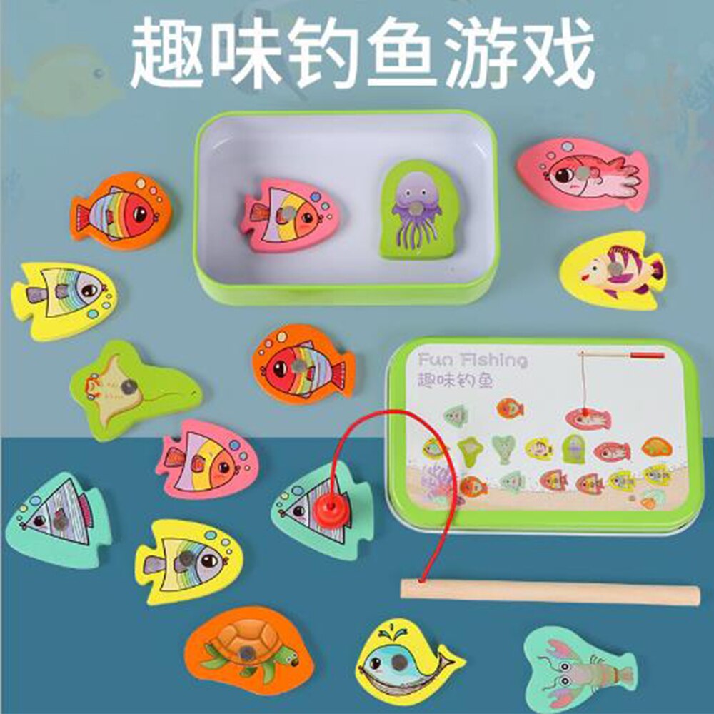 15Pcs Baby Toy Fish Wooden Magnetic Children Fishing Game Educational Toy Water Play Baby Fishing Rods Toy Set Iron Box