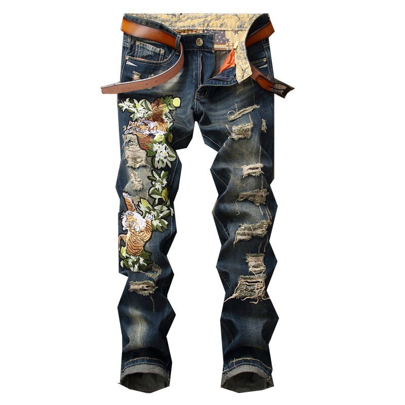 Pantalones vaqueros bordados para hombre, Jeans rasgados de cintura media, patrón de Tigre, retales, Vaqueros rectos con agujeros, ropa de calle: 32