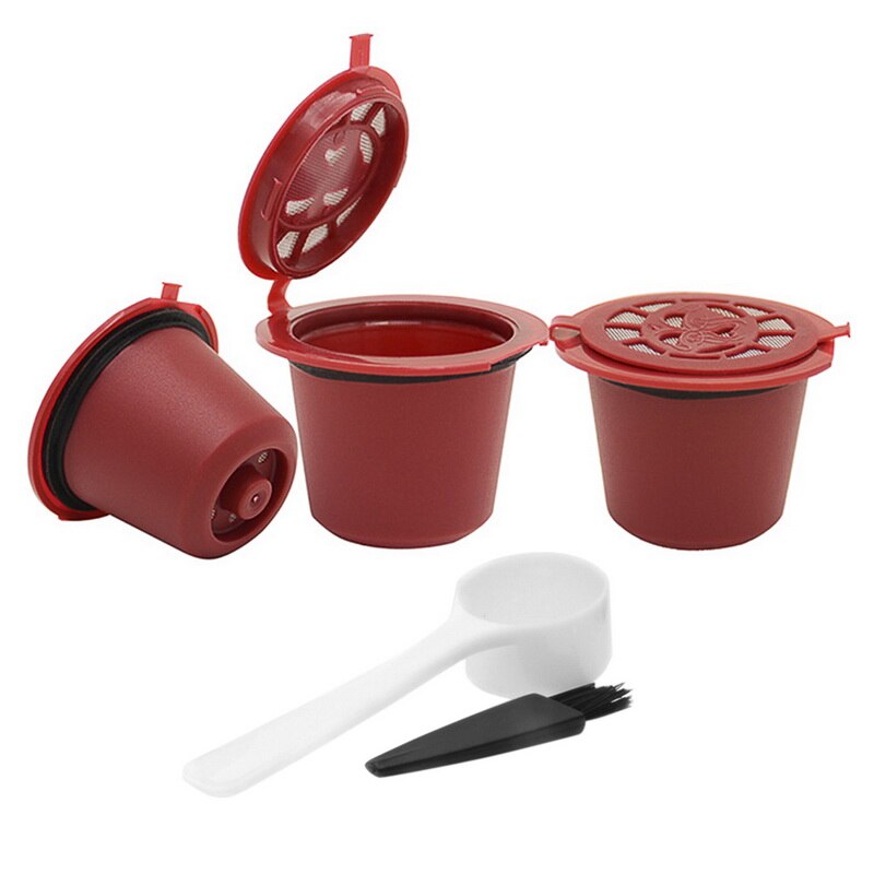 3 pakke genopfyldelig genanvendelig kaffekapsel med 1pc plastikskedefiltre køkken tilbehør holdbart genanvendeligt nespresso kapsler: 3 stk-rød