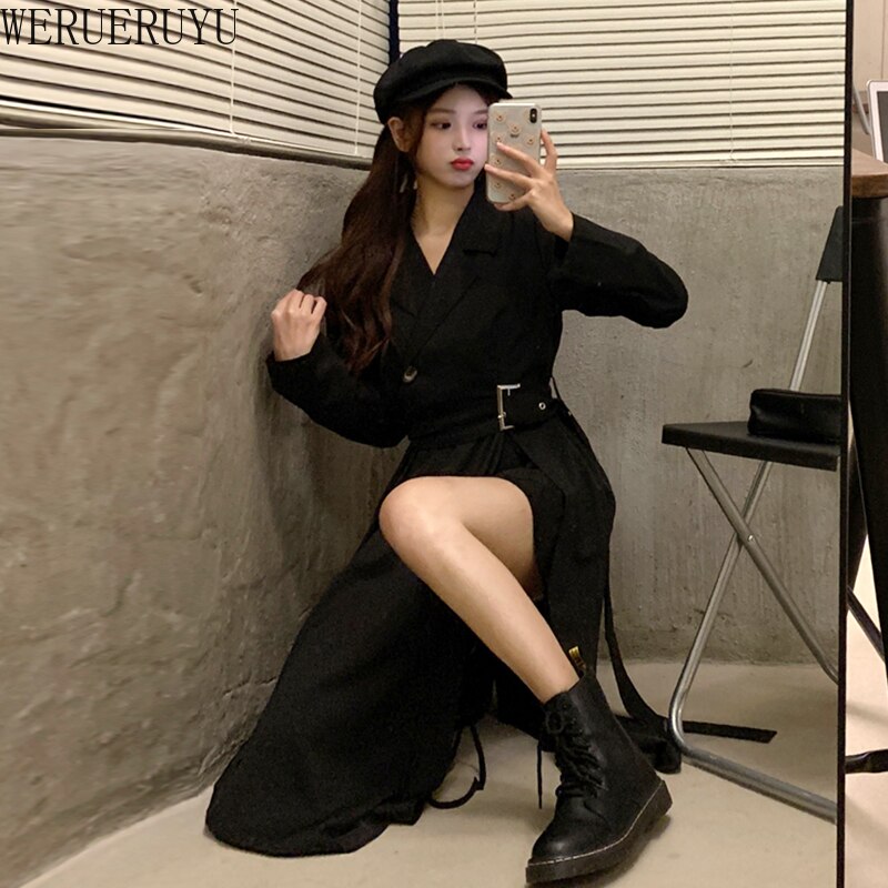 WERUERUYU-vestido negro de verano para mujer, ajustado, de cintura alta, escote en V profundo, manga larga, de ,