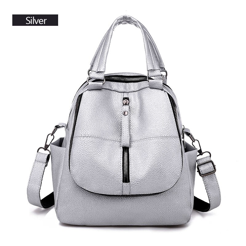 AIREEBAY Frauen Leder Rucksäcke Vintage Weibliche Schulter Tasche Reise Damen Bagpack Silber Schwarz Schule Taschen Für Teenager Mädchen