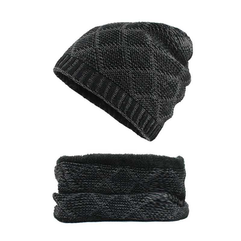 nouvelle de luxe tricot Beanie chapeau écharpe hommes hiver Plaid Plus velours écharpe épaissir couverture Cap écharpes Ski Bone: black